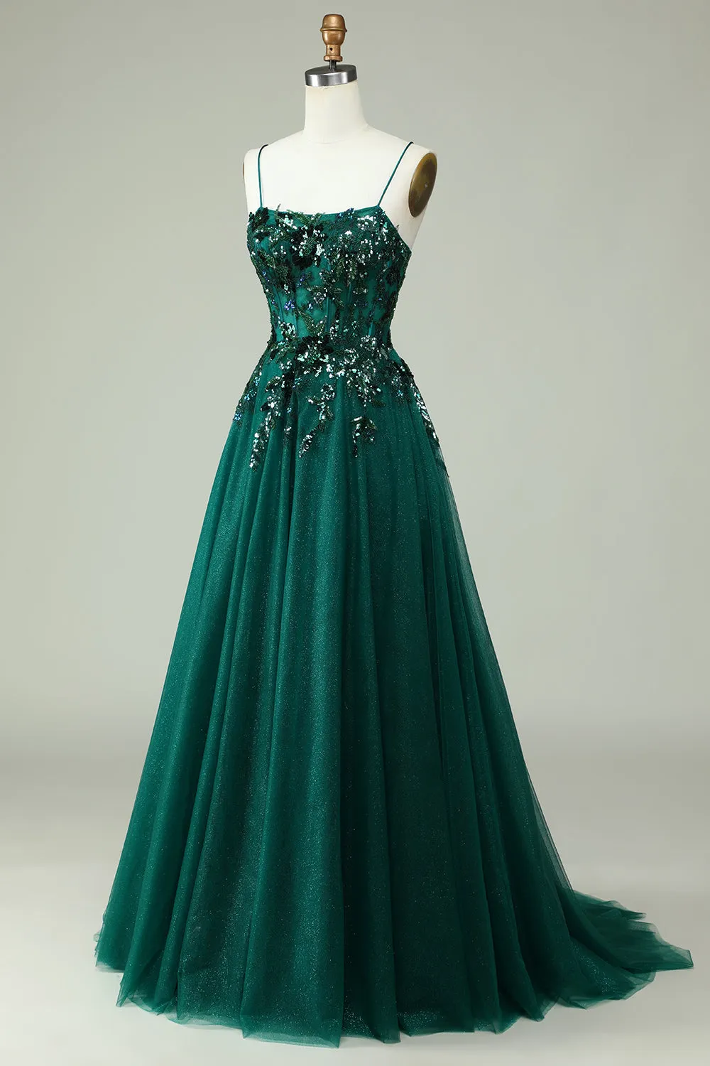 A Line Spaghetti Straps Dark Green Corset Formal Dress with Appliques