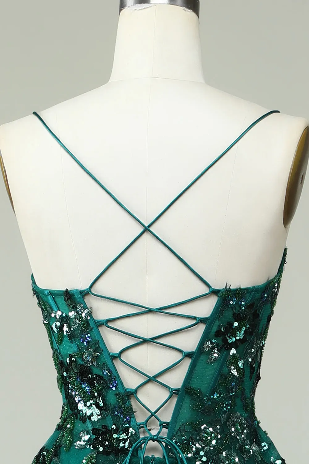 A Line Spaghetti Straps Dark Green Corset Formal Dress with Appliques