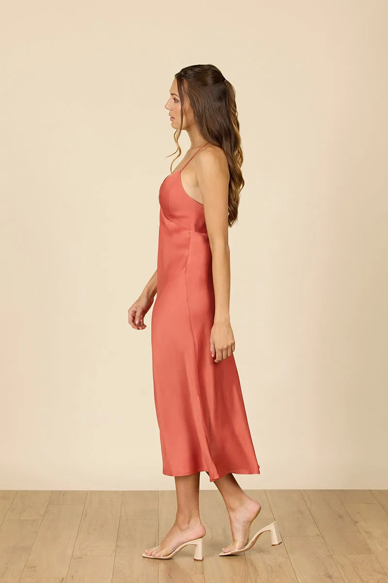 B4082 - V-Neck Spaghetti Straps Satin Sheath Midi Bridesmaid Dress