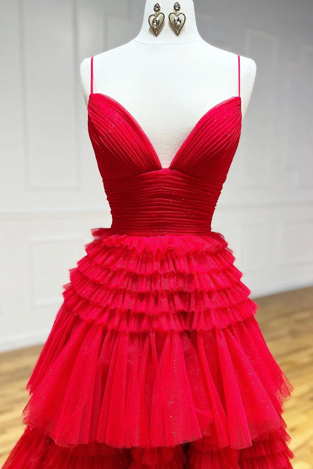 Beige Tulle Tiered Spaghetti Straps Long Formal Dress with Slit