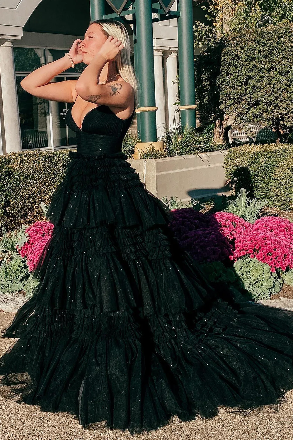 Beige Tulle Tiered Spaghetti Straps Long Formal Dress with Slit