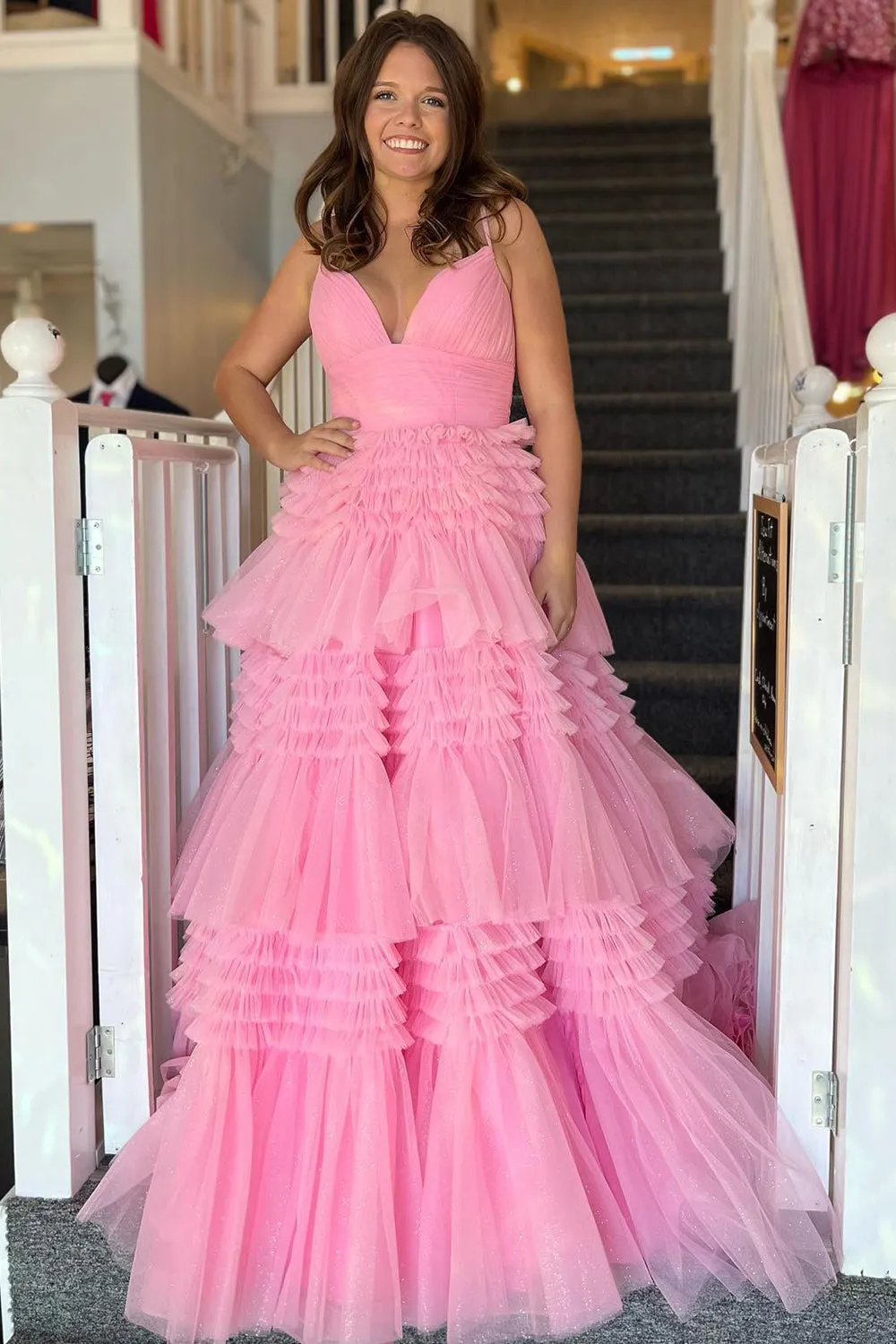 Beige Tulle Tiered Spaghetti Straps Long Formal Dress with Slit