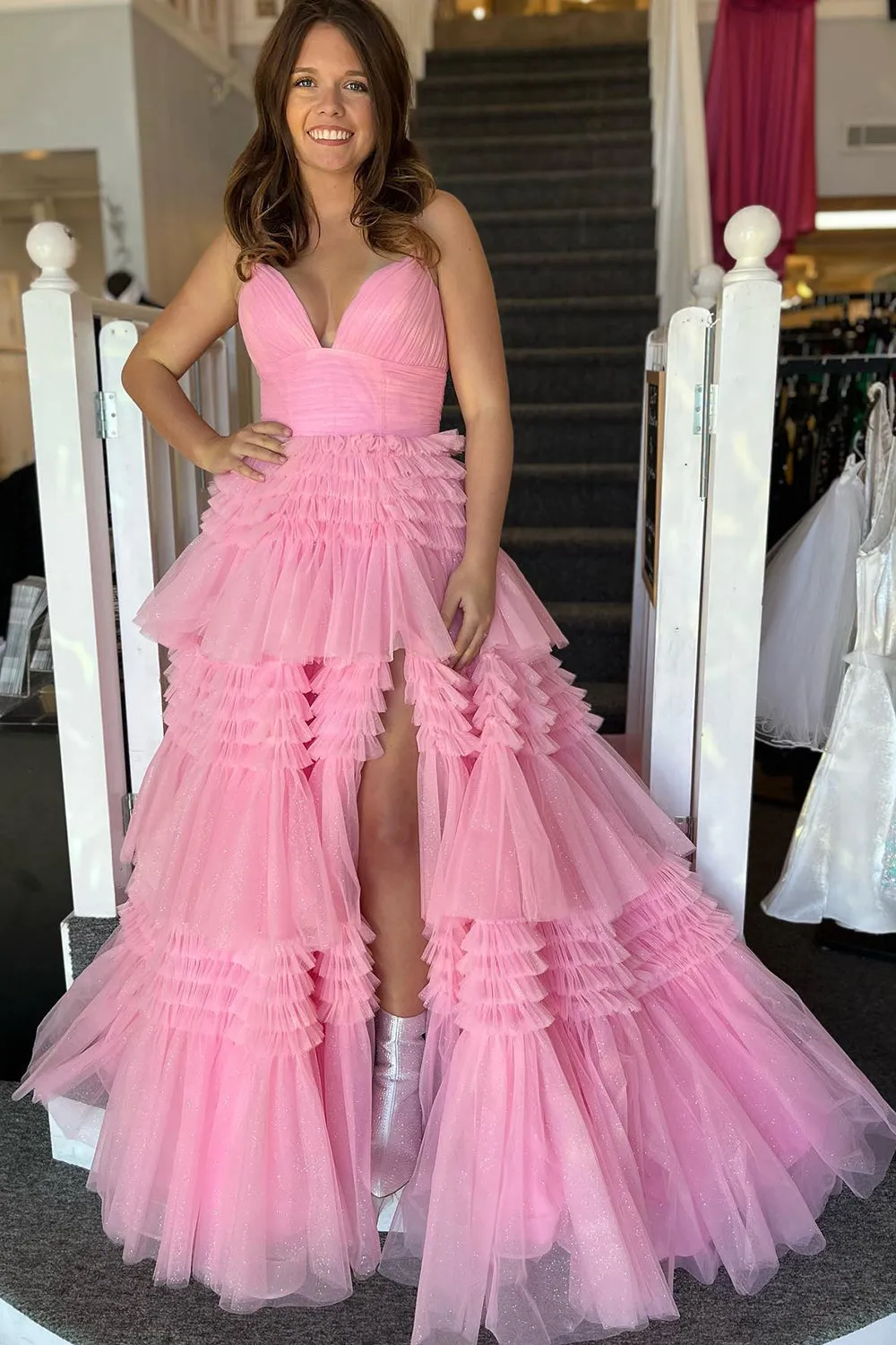 Beige Tulle Tiered Spaghetti Straps Long Formal Dress with Slit
