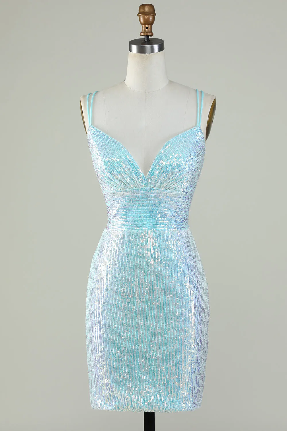Bling Sheath Spaghetti Straps Light Blue Sequins Short Graduation Dress with Criss Cross Back