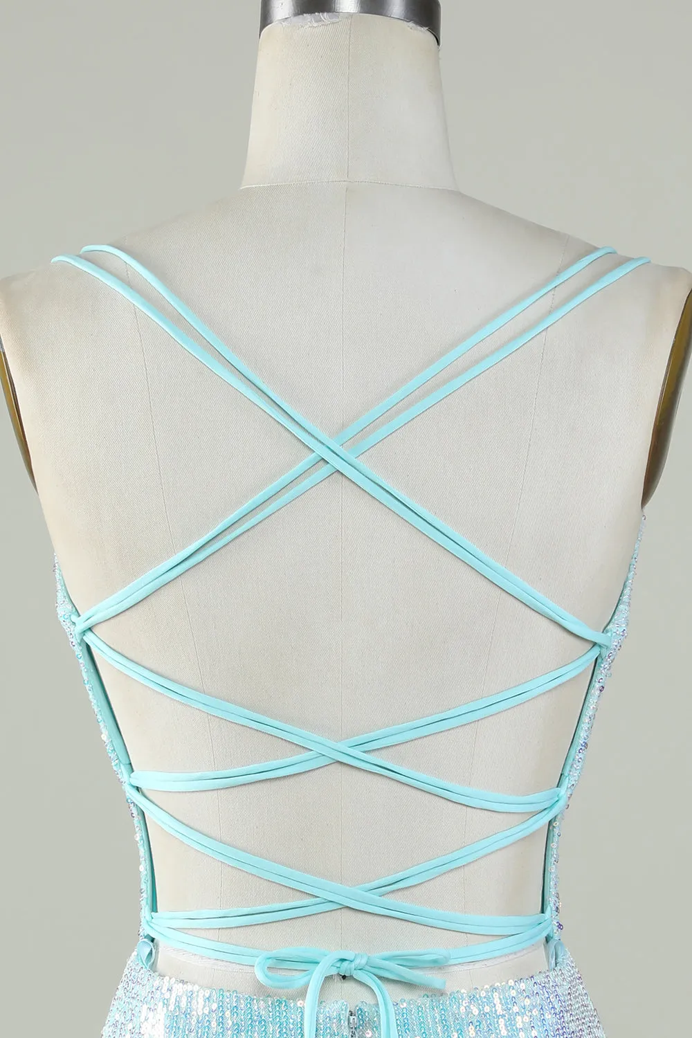 Bling Sheath Spaghetti Straps Light Blue Sequins Short Graduation Dress with Criss Cross Back
