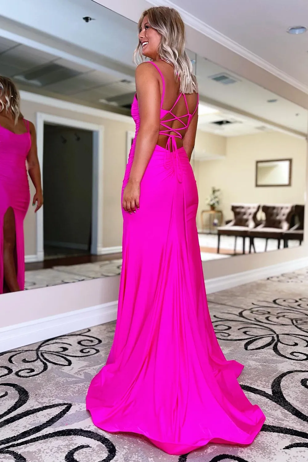 Blue Lace Up Formal Dress With Slit