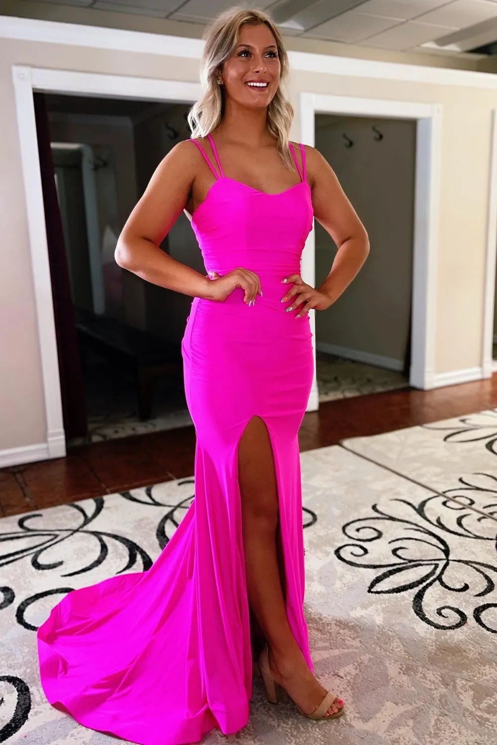 Blue Lace Up Formal Dress With Slit