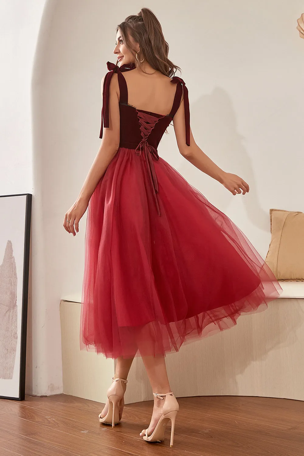 Burgundy Tulle Formal Dress with Bowknot
