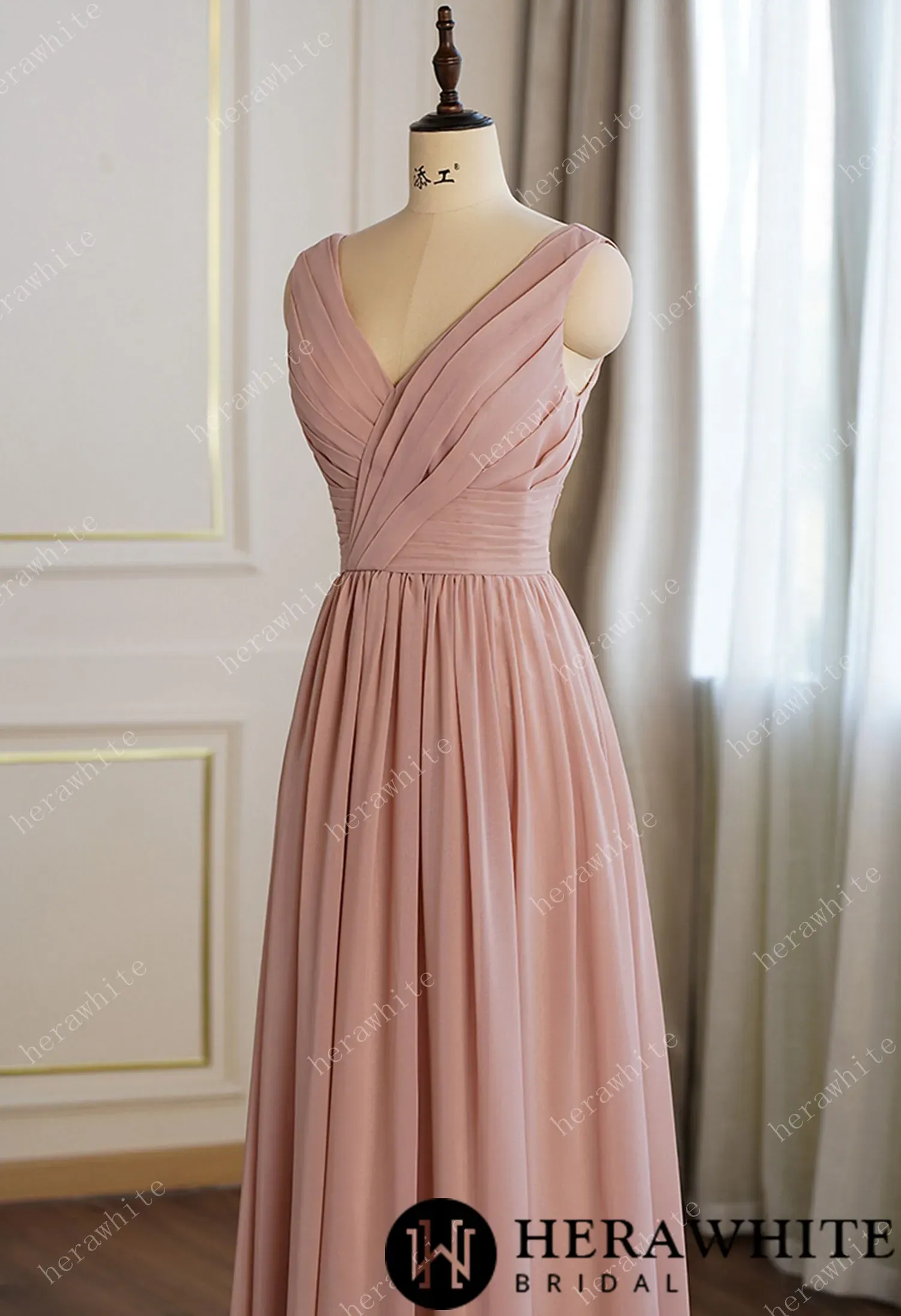 Coral Pleated V-neck Aline Bridesmaid Dress