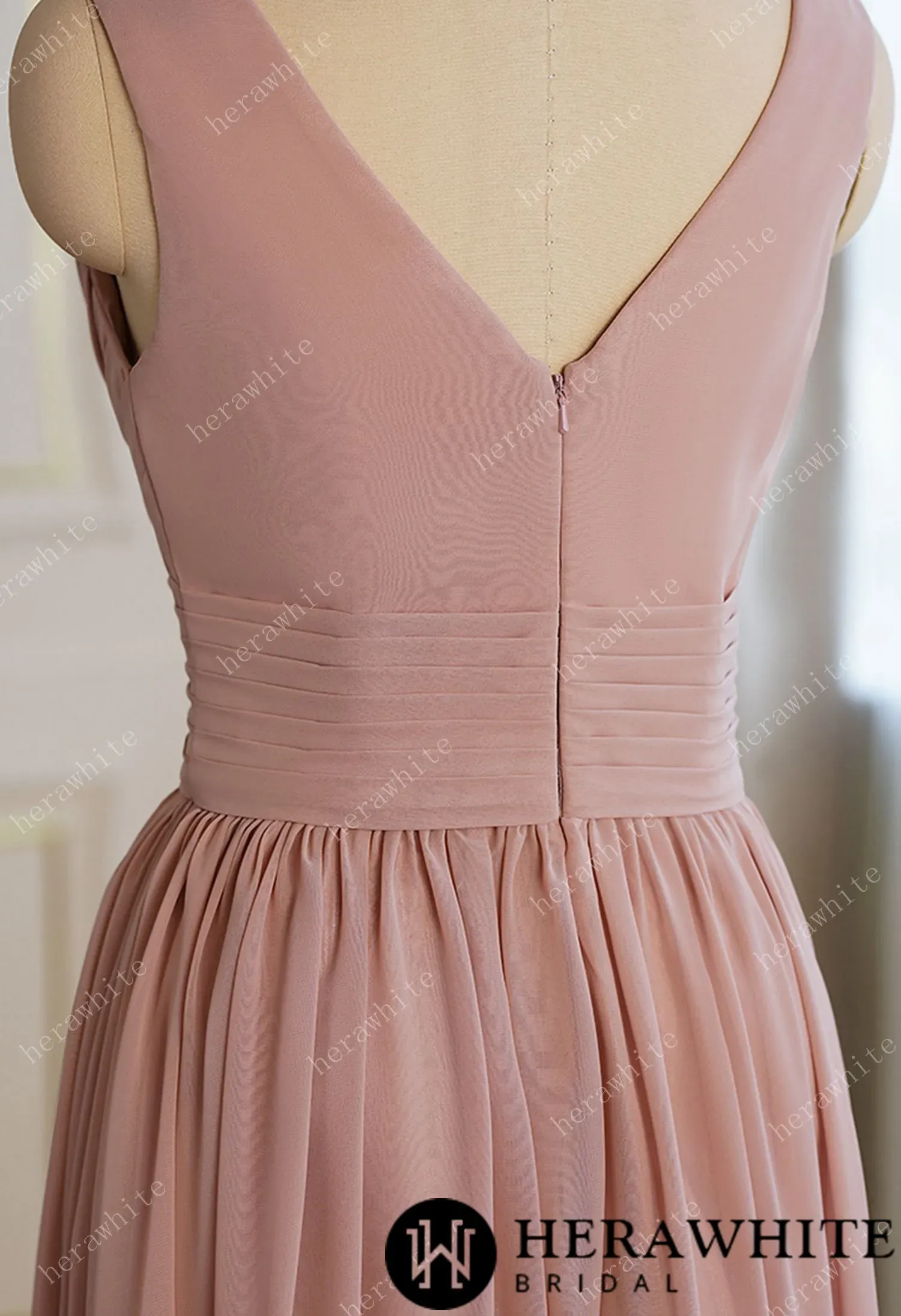 Coral Pleated V-neck Aline Bridesmaid Dress