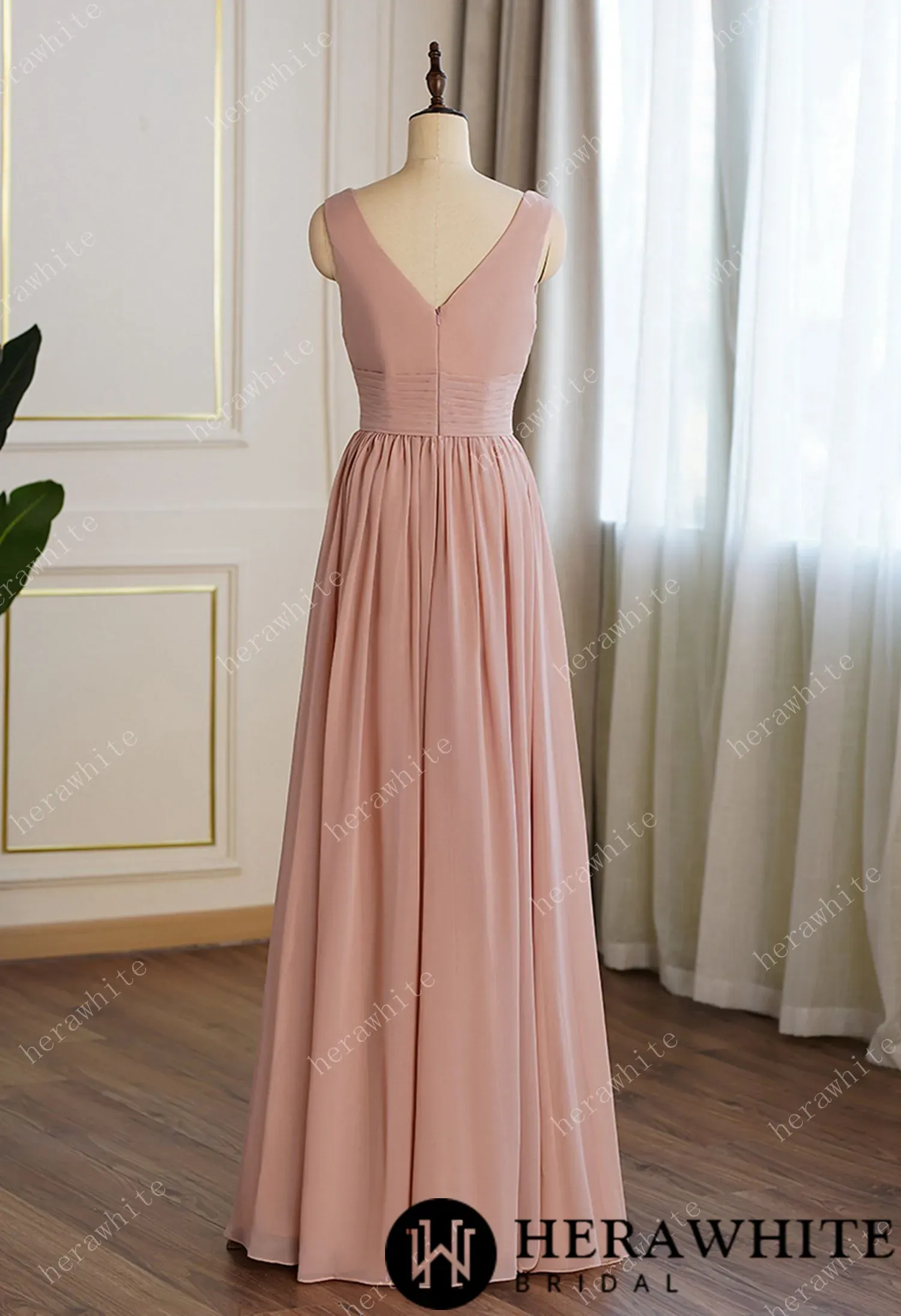 Coral Pleated V-neck Aline Bridesmaid Dress