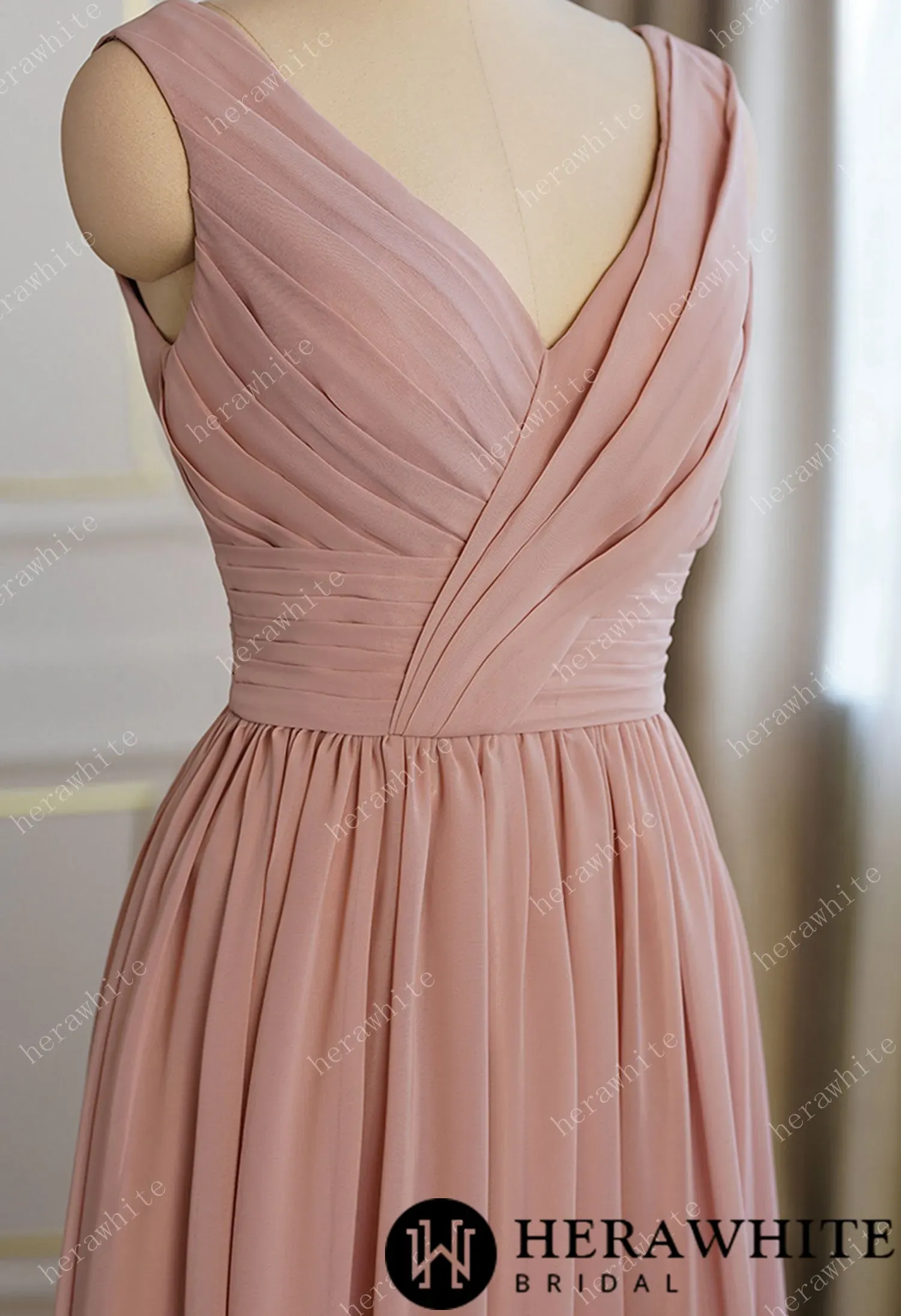 Coral Pleated V-neck Aline Bridesmaid Dress