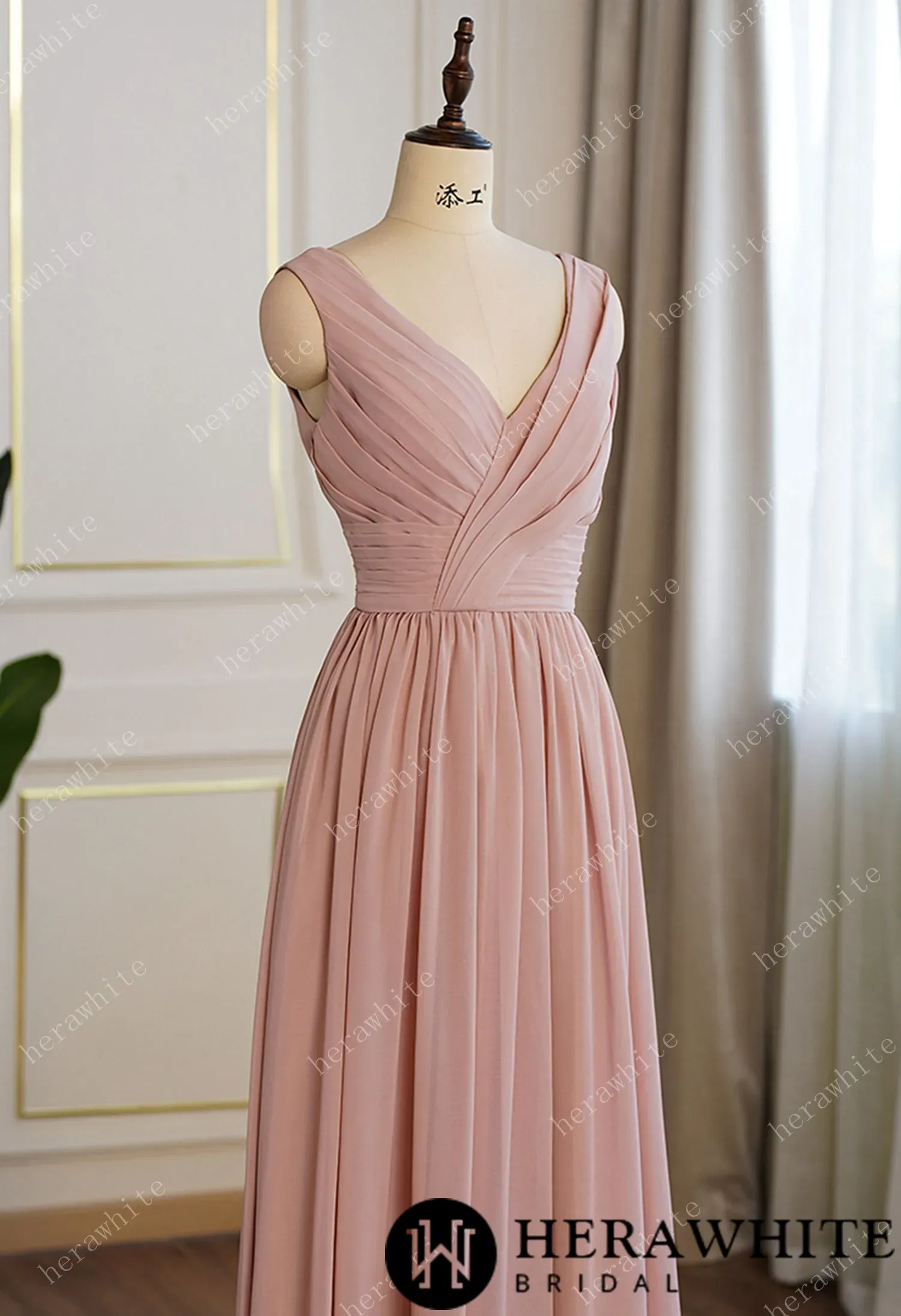 Coral Pleated V-neck Aline Bridesmaid Dress