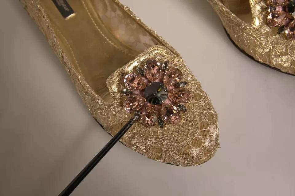Dolce & Gabbana Gold Crystal Loafer Lace Ballet Flats Shoes