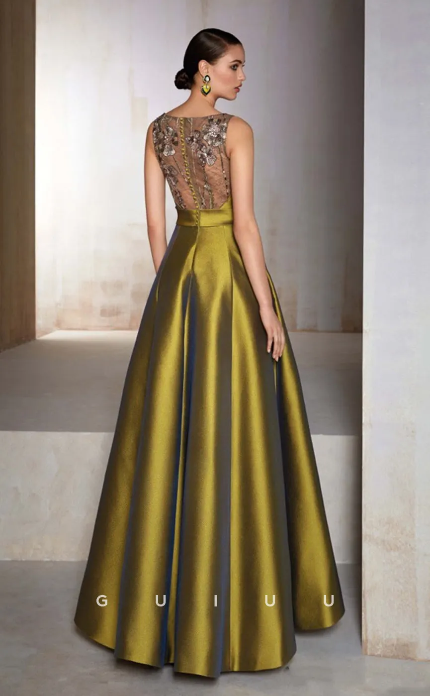 G4673 - A-Line V Neck Straps Sleeveless Back Buttons Stain Prom Gown with Bowknot