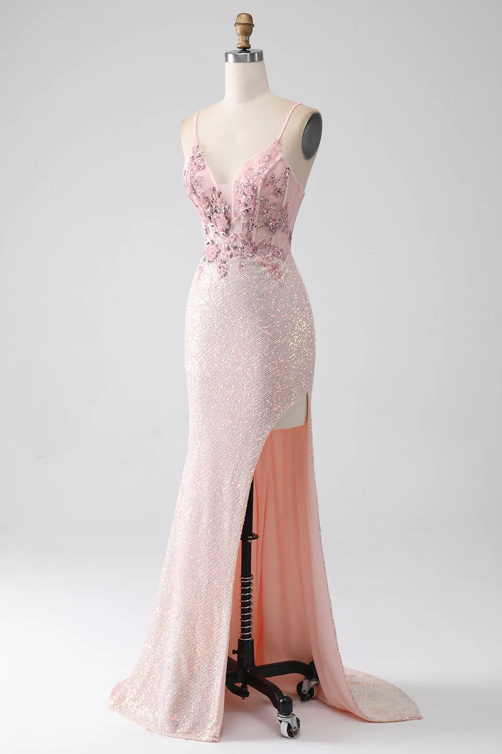 Glitter Pink Beaded Mermaid Formal Dress with Slit