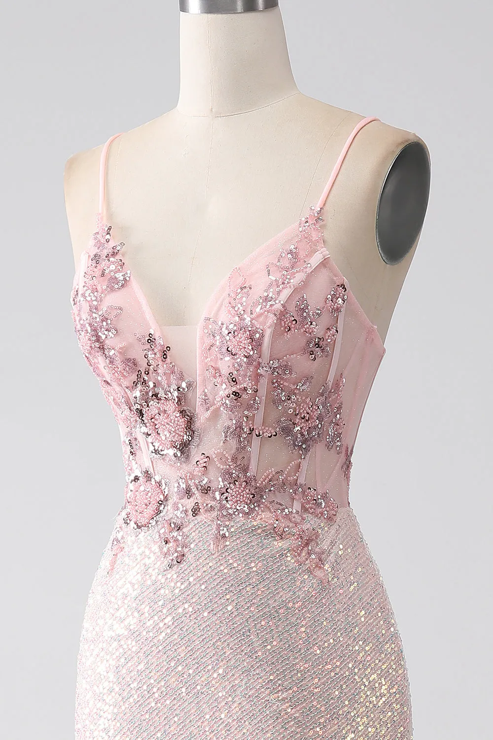 Glitter Pink Beaded Mermaid Formal Dress with Slit
