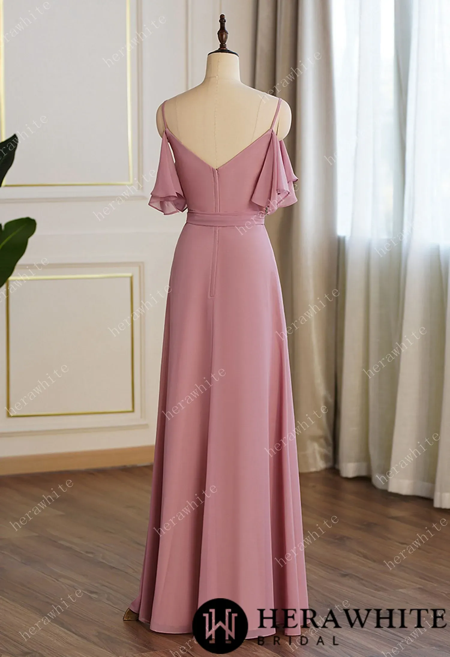 Off Shoulder Chiffon Long Bridesmaid Dress Pleated With Split