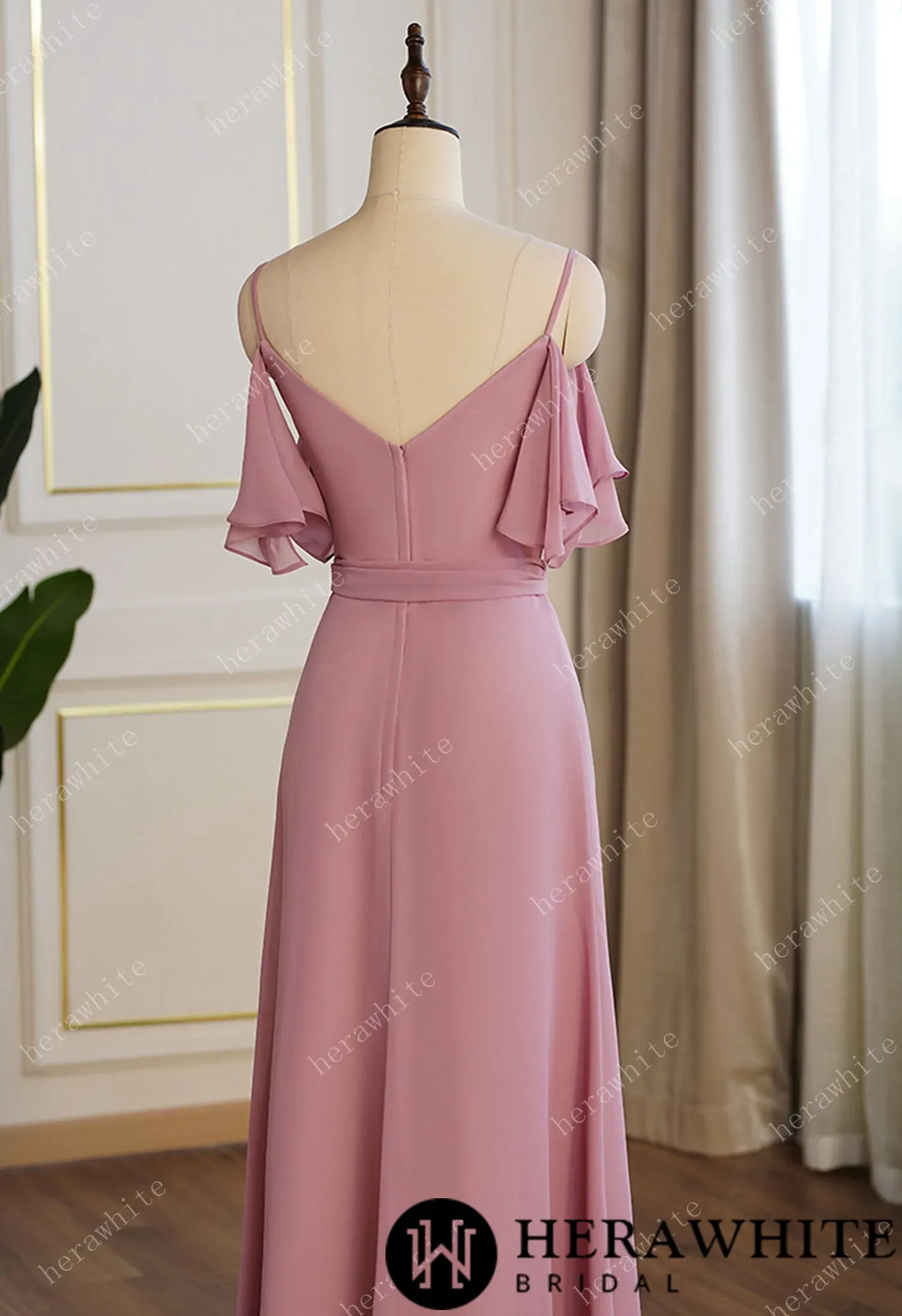 Off Shoulder Chiffon Long Bridesmaid Dress Pleated With Split