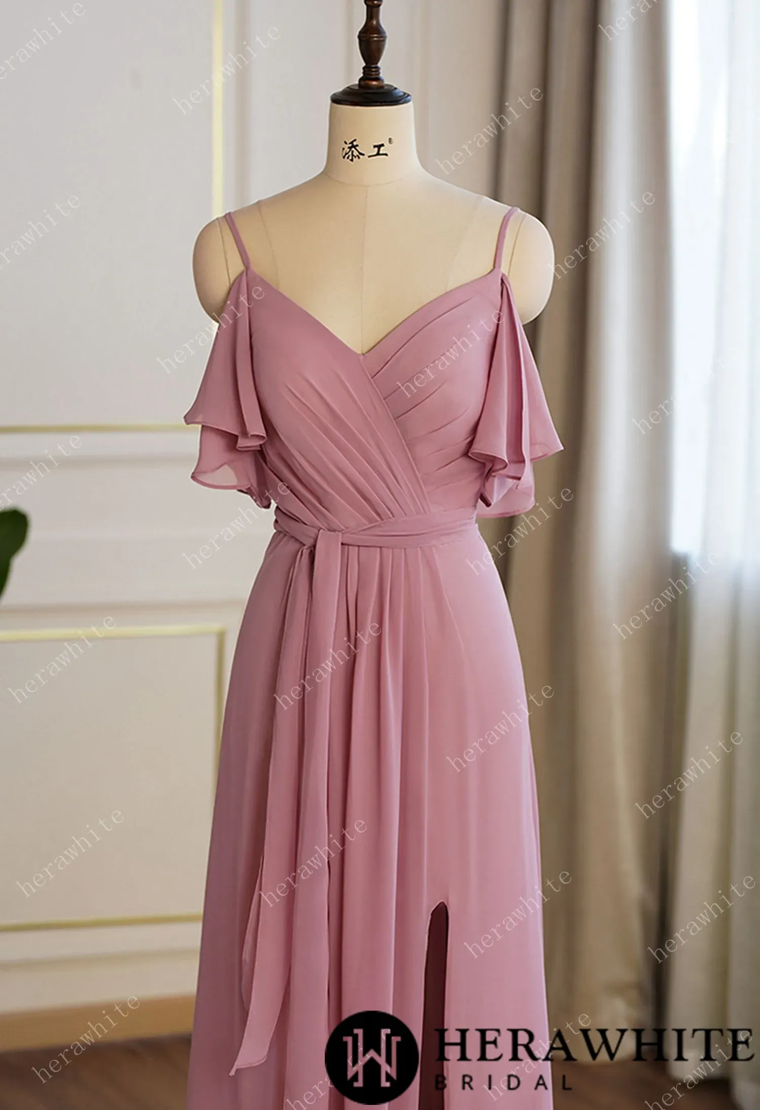 Off Shoulder Chiffon Long Bridesmaid Dress Pleated With Split