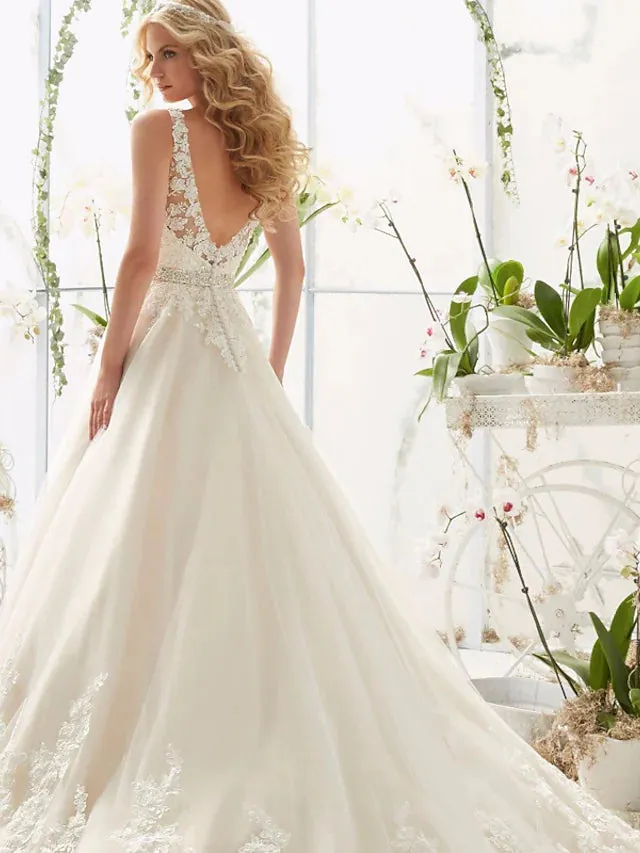 Open Back Sexy Formal Wedding Dresses Court A-Line Regular Straps V Neck Lace