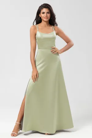 Satin Green Bridesmaid Dress with Lace-up Back