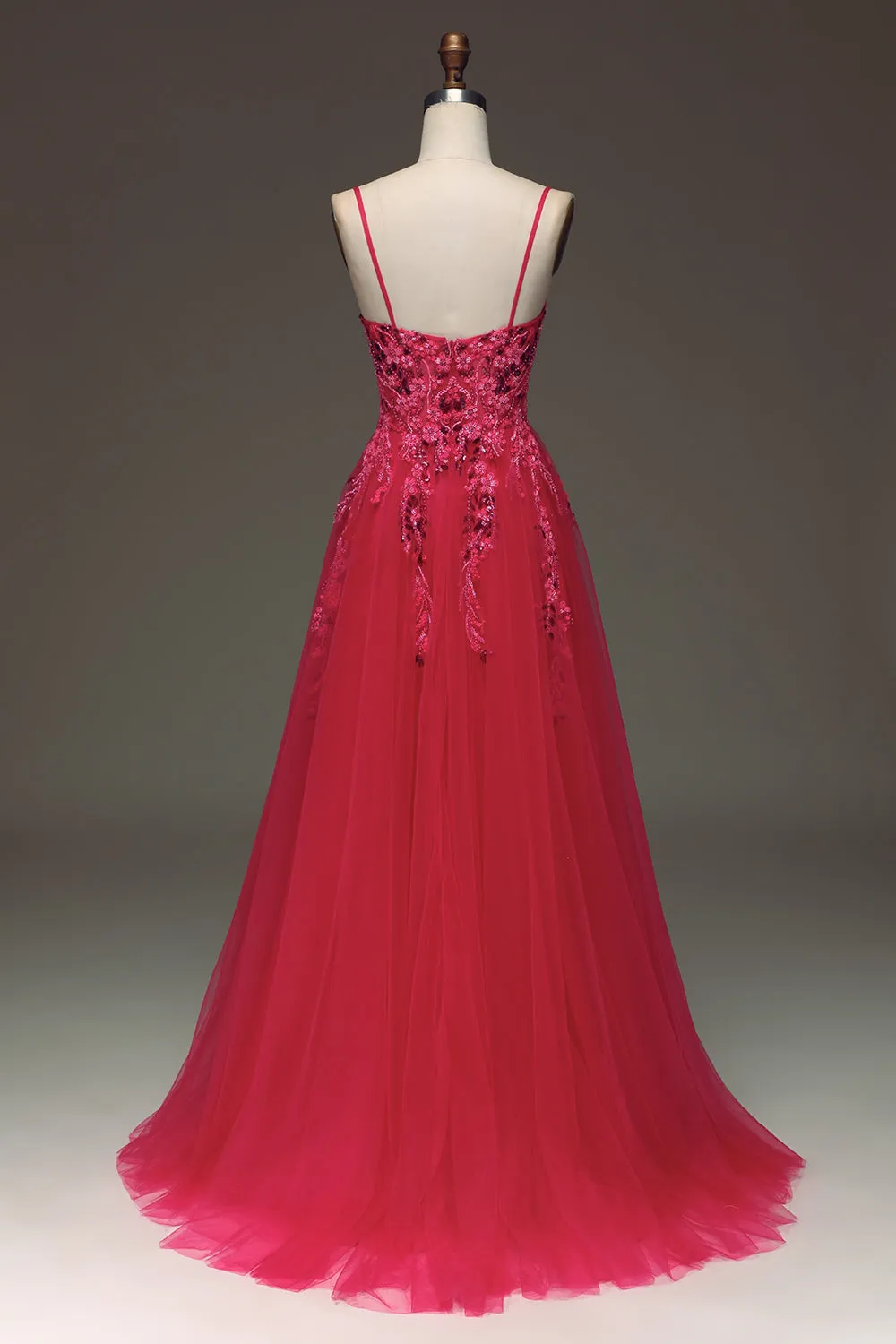 Spaghetti Straps A Line Fuchsia Formal Dress with Appliques