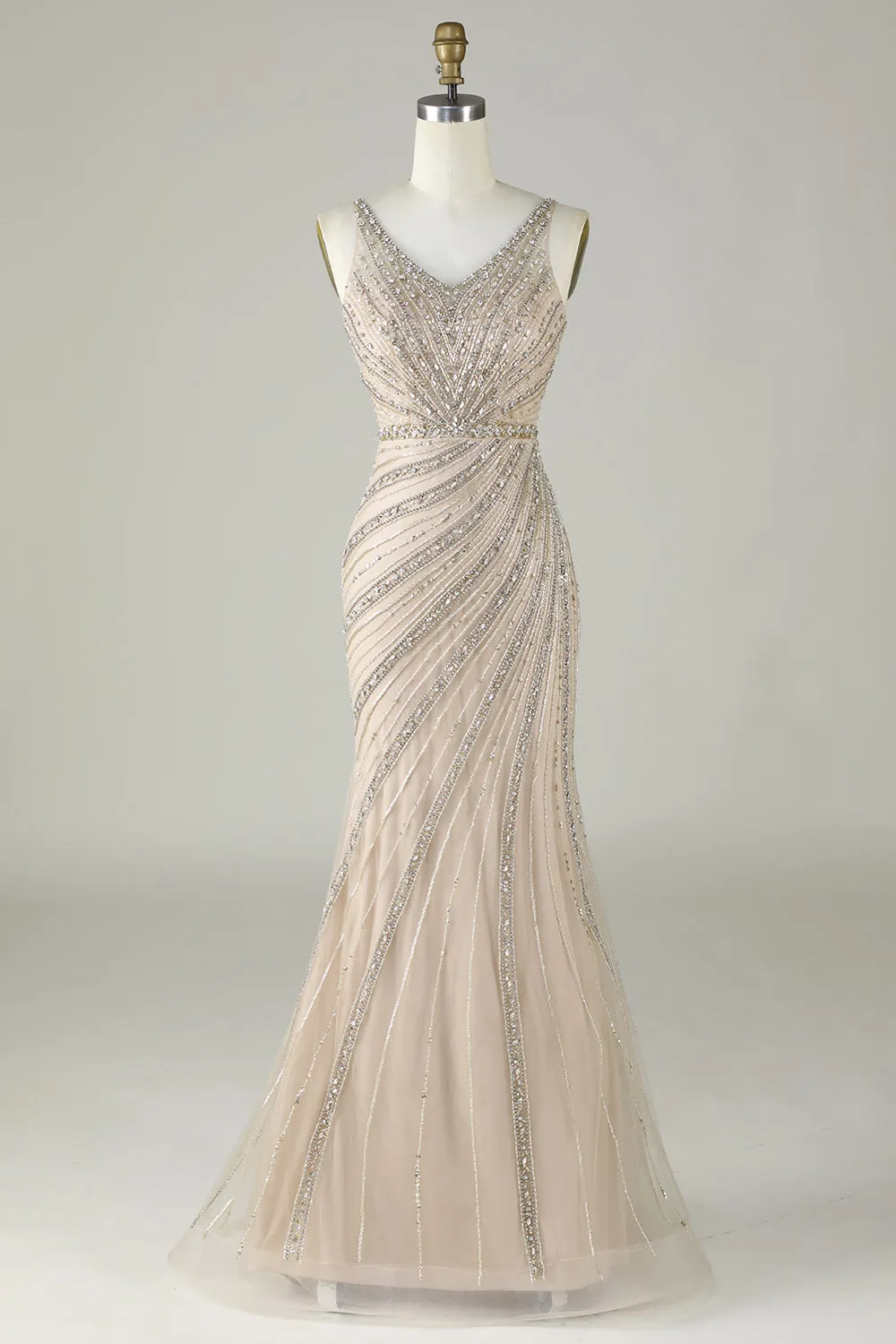 Sparkly Champagne Beaded Mermaid Long Prom Dress with Wrap