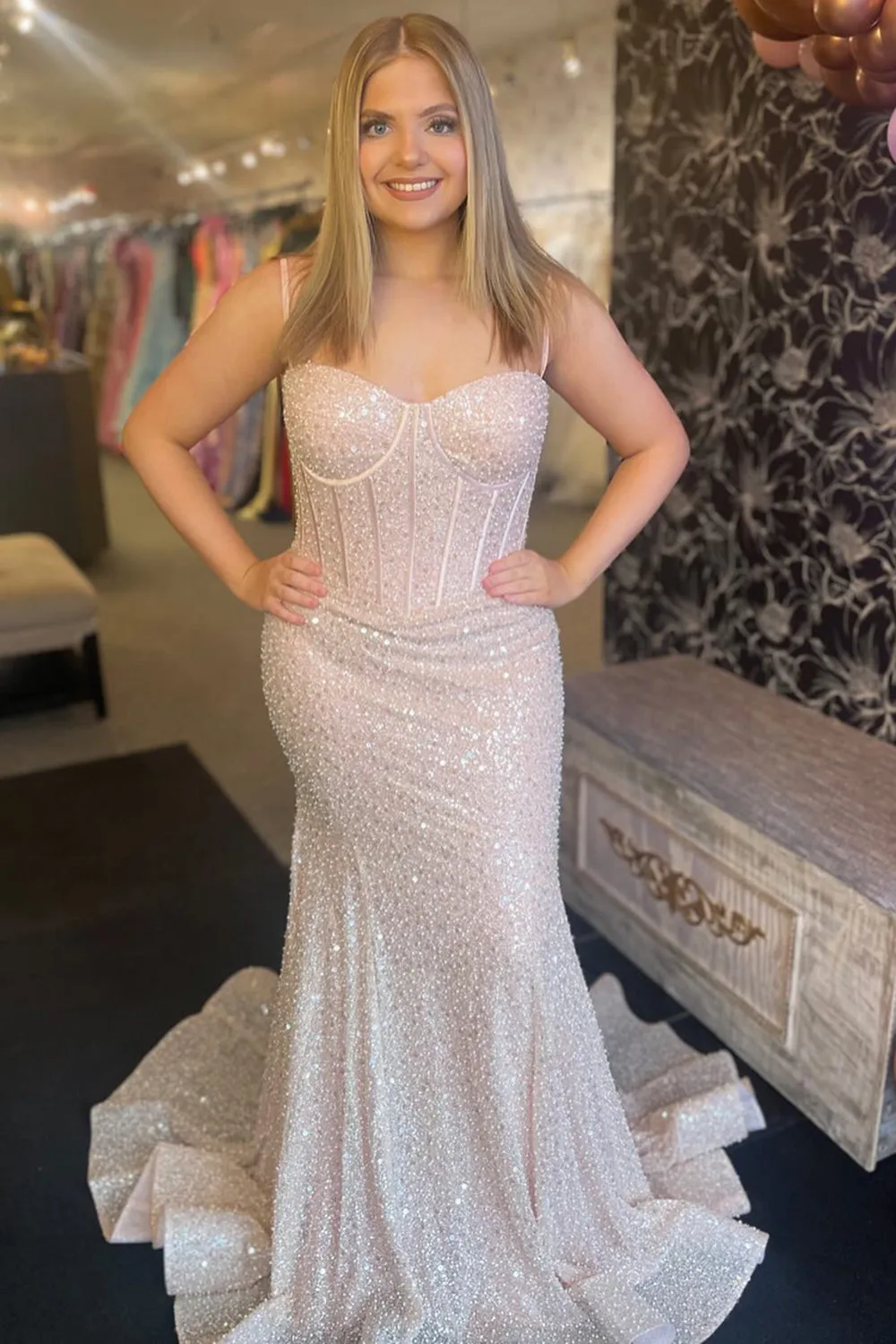 Sparkly Mermaid Pink Corset Long Formal Dress