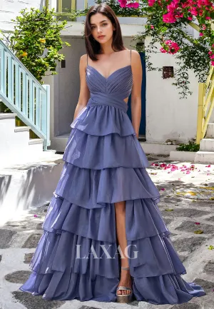 V-Neck Spaghetti Straps Sleeveless Off-Shoulder Party Gowns Pleated Tiered Chiffon A-Line Prom Dress