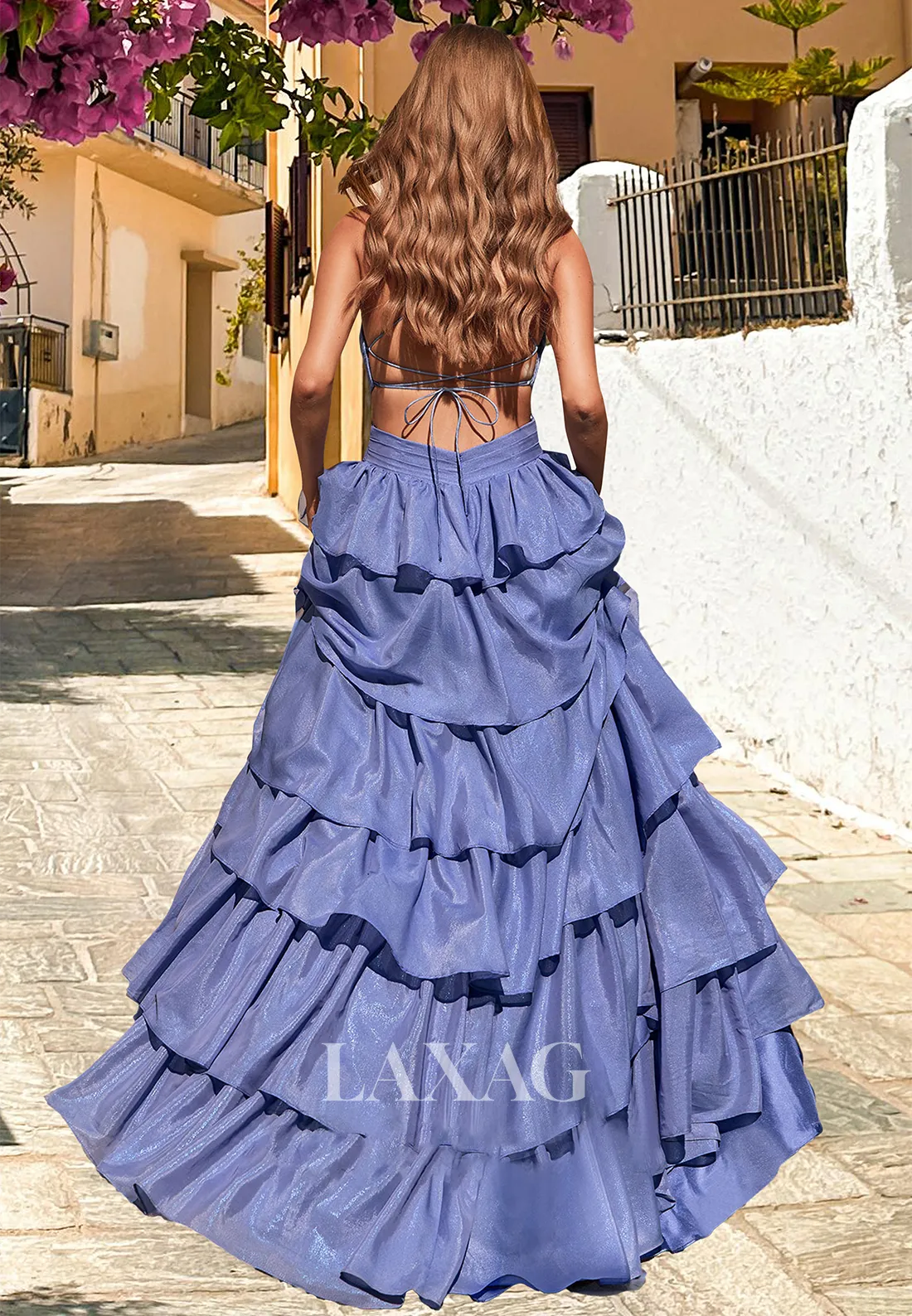 V-Neck Spaghetti Straps Sleeveless Off-Shoulder Party Gowns Pleated Tiered Chiffon A-Line Prom Dress