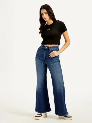 Women's Dark Blue Bootcut Fit High Rise Jeans